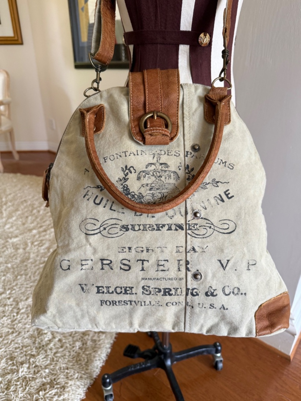 Myra Bag Upcycled Gerster Canvas Convertible Bag Genuine Leather Accents - Picture 3 of 11
